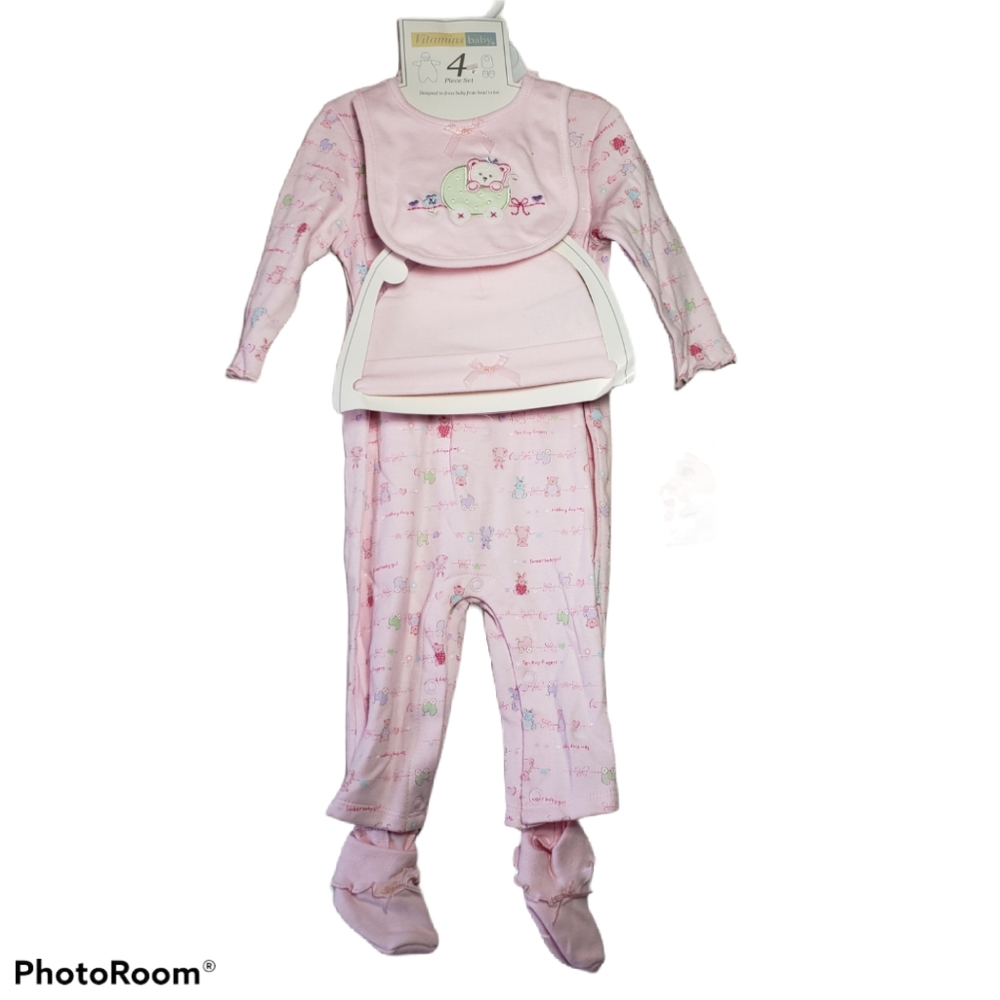 NWT Vitamins Baby Matching Footie Pajama, Beanie and Bib Set